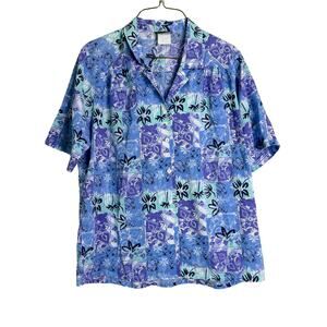 BonWorth Vintage monotone blue black outline floral button up blouse LARGE